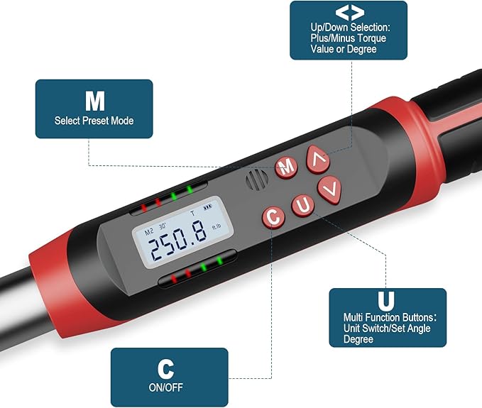 Leolee 1/2-Inch Drive Digital Torque Wrench with Angle, 12.5-250.8 ft-lb/17-340 Nm, Electronic Torque Wrench with Preset Value, Data Storage, Buzzer, LED Flash Notification for Motorcycle, Car