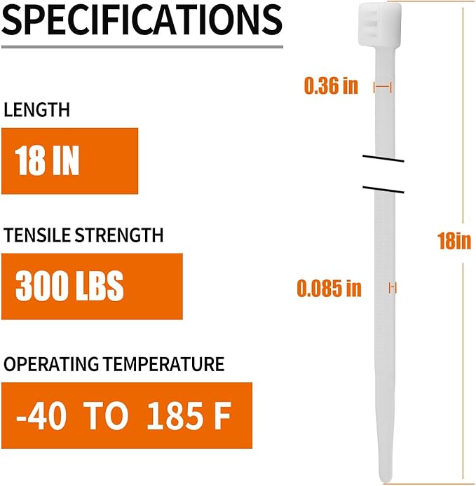 18 inch White Zip Ties Heavy Duty (100 Pack), 2025 New Patented Design, 300 LBS Tensile Strength, Self-Locking Nylon PA66 UV Resistant Cable Ties for Indoor and Outdoor Use