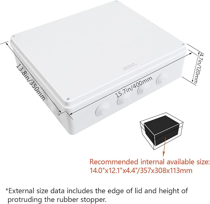 LeMotech ABS Plastic Dustproof Waterproof IP65 Junction Box Universal Electrical Project Enclosure White 15.7 x 13.8 x 4.7 inch (400 x 350 x 120 mm)