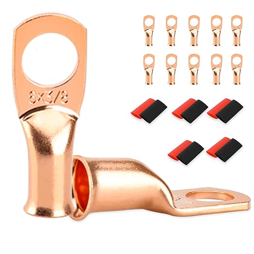 10 PCS Battery Terminal Connectors, Battery Cable Ends Lugs, 6 Gauge Wire Connectors, 6 AWG 3/8" Stud Ring Terminals, Copper Wire Lugs with Heat Shrink Tubing.