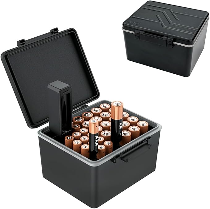 JJC Hard Case for AA AAA Battery with Tester Checker,34 Slots Battery Storage Organizer for 20 AA and 14 AAA Batteries, Water-Resistant and Shockproof, Batteries Holder Container