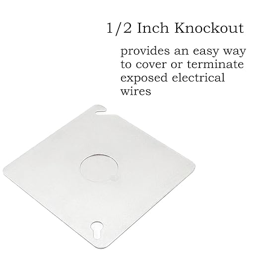 4 Pack Square Electrical Box Covers with 1/2 Inch Knockout, 4 Inch Metal Junction Box Covers, Flat Outlet Box Cover for 4 inch Square Box, EBC-square-1
