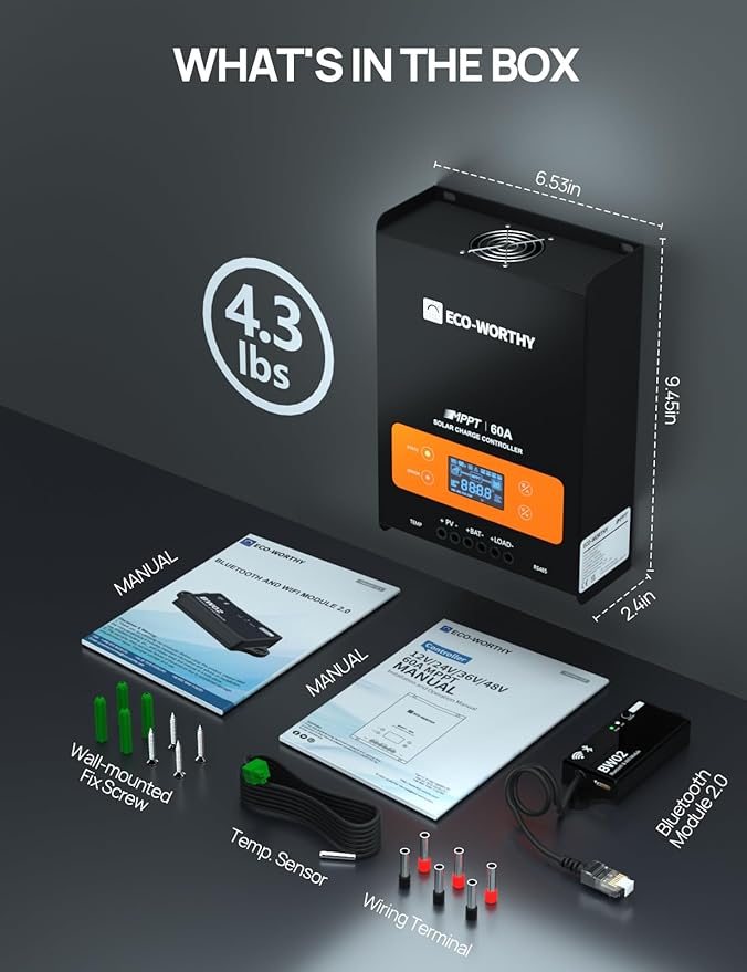 ECO-WORTHY 60A MPPT Solar Charge Controller with Bluetooth&WiFi, Max PV Input 150V,12/24/36/48V Solar Panel Regulator for Lead-Acid/Lifepo4 Battery in Solar System RV