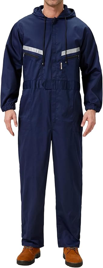 Mens Work Coveralls Mechanic Hooded Overall Workwear Jumpsuits Long Sleeve Hi Viz Coverall with Zippers