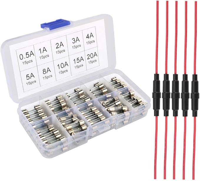 5pcs 5x20mm AGC Fuse Holder Inline Screw Type with 16 AWG Wire + 150pcs 5x20mm Fast-Blow Glass Fuses Quick Blow Car Glass Tube Fuses Assorted Kit