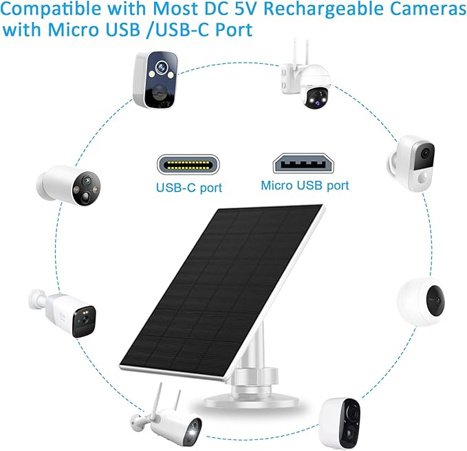 2W Solar Panel for Security Camera Outdoor, USB/USB-C Charger with IP65 Waterproof, 360° Adjustable Mount & 7.2ft Cable, Compatible with Rechargeable Battery Cameras (4 Pack, White)
