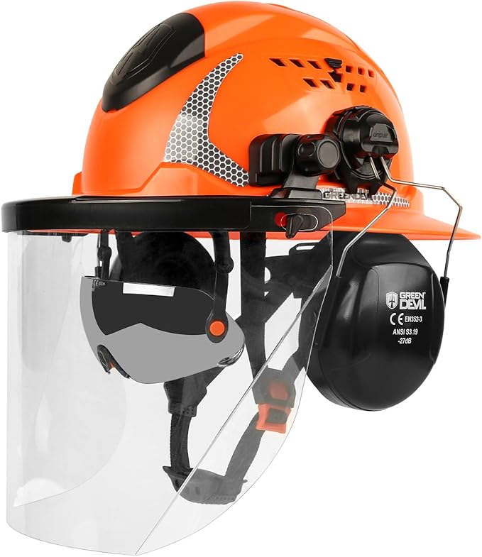 GREEN DEVIL Industrial Chainsaw Helmet with Face Shield Built in Visor and Ear Muffs 4 in 1 System ANSI Z89.1 Safety Hard Hat Adjustable Headgear Ideal for Forestry and Arborist Work Full Brim Style