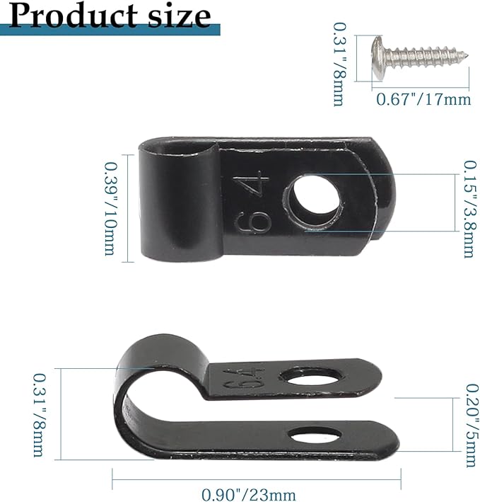 50 Pcs 1/4 Inch Black Nylon Screw Mounting R-type Cable Clip Wire Clamp, 6.4mm Cable Clip Wire Clamp for Wire Management, Stainless Steel Screws Included