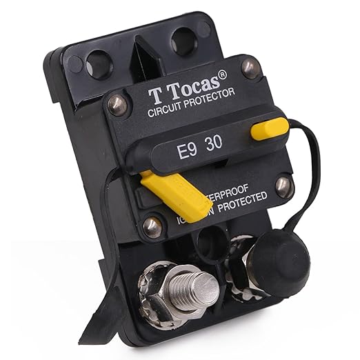 Double 3/8" Stud E9 30 Amp Circuit Breaker with Manual Reset, Surface Mount, 12V - 72V DC, Waterproof IP67 30A Switchable