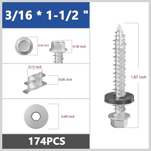 # 3/16 * 1-1/2 "174PCS 2lbs Gray hex Metal Sheet roof Screws, with Anti Rust Coating, # 10 * 1-1/2, with EPDM Washer and hex self Tapping, Used for Metal to Wood, Corrugated Roofs. 5 * 38mm