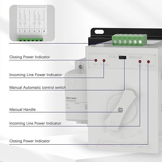 Dual Power Automatic Transfer Switch 110V 63A Outdoor Generator RV Transfer Switch 50HZ/60HZ Generator Changeover Switch(2P)