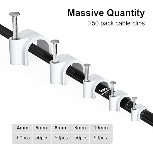 Jadaol Wide Design Cable Clips with Nails, 250 Pack Cord Wire Clips (4mm 5mm 6mm 8mm 10mm), Nail-in Round Cable Tacks for Ethernet Cable, Coaxial, TV, Speaker, Electrical Wire, White