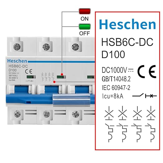 Heschen DC Miniature Circuit Breaker, HSB6C-DC, 4 Poles, DC1000V 100A, Photovoltaic Circuit Breaker, for Solar PV System Solar Panels Grid System, 35mm DIN Rail Mounting