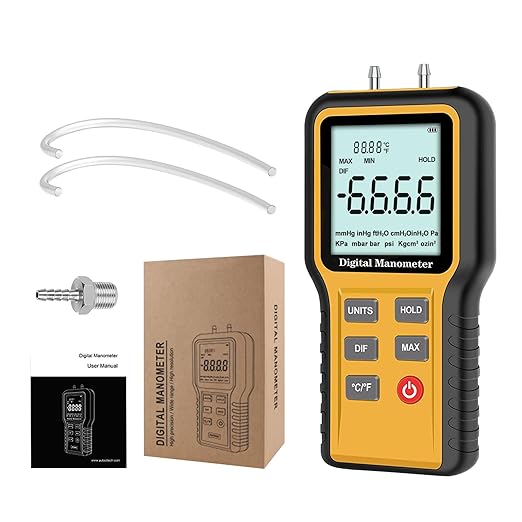 Digital Manometer Gas Pressure Tester with ±0.3% FSO Resolution, Differential Pressure Gauge with 12 Optional Units, Portable Air Pressure Gauge with LCD Backlight.