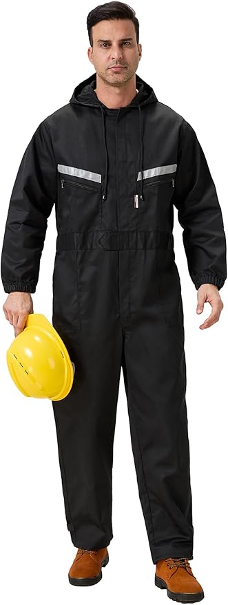 Mens Work Coveralls Mechanic Hooded Overall Workwear Jumpsuits Long Sleeve Hi Viz Coverall with Zippers