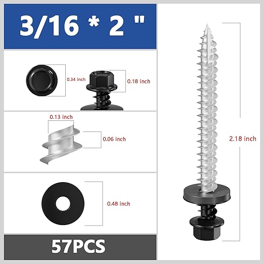 # 3/16 * 2" 57PCS 1lbs Black Hexagonal Metal Sheet roof Screws, #10 * 2 with EPDM washers and Hexagonal self Tapping, Used for Metal to Wood, Corrugated Roofs.5 * 50mm