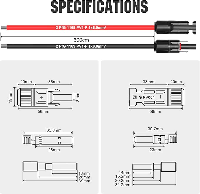 ECO-WORTHY 20FT 10AWG Solar Extension Cable 30A/1000V DC, IP67 Waterproof with Compatible Quick Connectors (Red+Black) for Solar Panels, Controllers, Off-Grid Systems