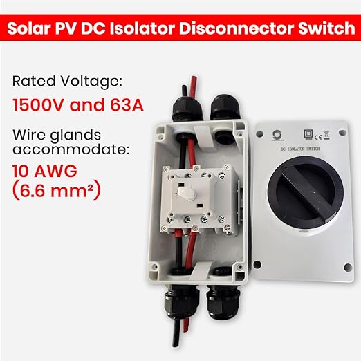 WSISO-63 IP66 Outdoor 1500V 63A 4P Solar PV DC Isolator Disconnector Switch, 4 Wire Glands for 10 AWG Wire, 8 PV Connectors