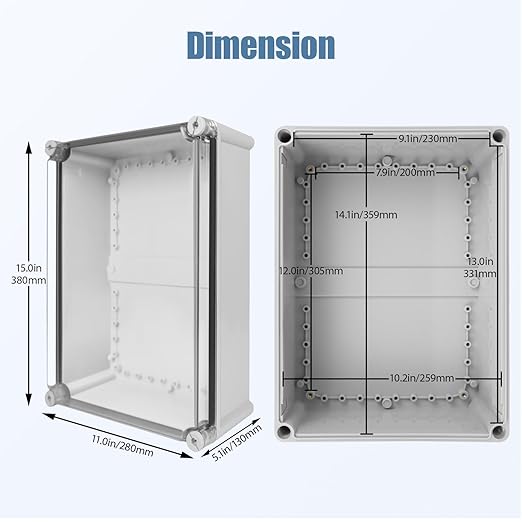 LeMotech Junction Box IP67 Waterproof Dustproof Electrical Box Project Box DIY Enclosure Gray with Transparent Clear Cover, External Size 15x11x5.1in (380x280x130mm)