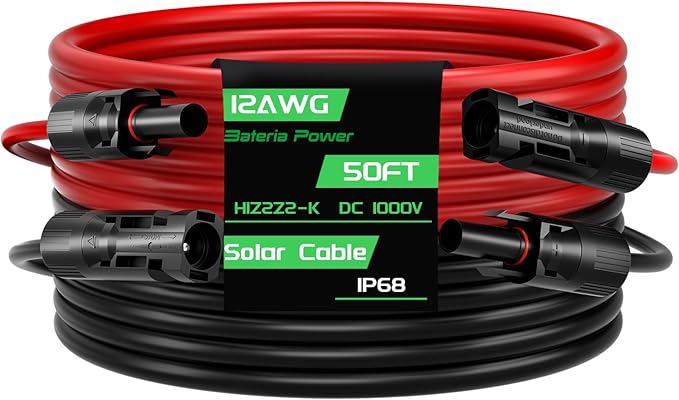 50FT 12AWG Solar Panel Extension Cable, Bateria Power 12 Gauge PV Wire with Female & Male Waterproof Connectors for RV, Photovoltaic Systems, Set of 2