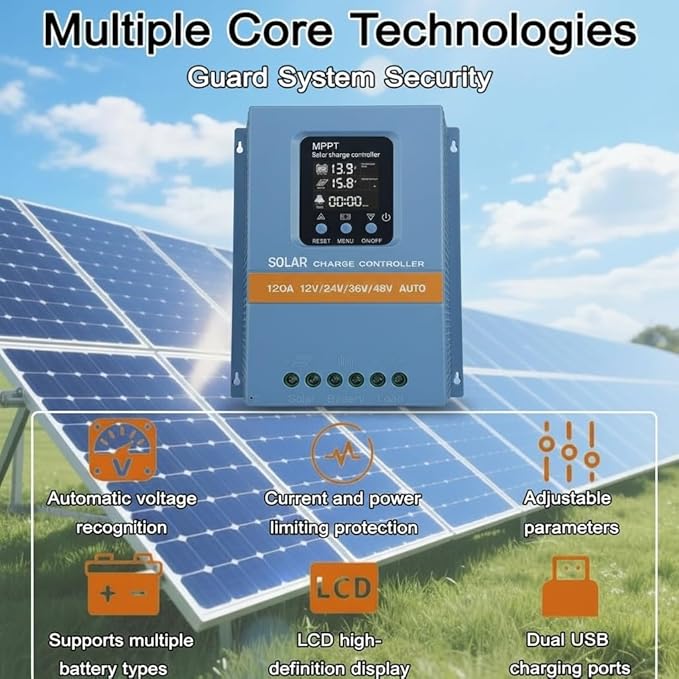 Solar Charge Controller 120A 12V 24V 36V 48V Intelligent Recognition LCD Display Battery Intelligent Regulator Maximum 100V Input Dual USB for Lead Acid/Lithium Battery (SA120A)