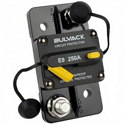 E9 3/8" Studs 250 Amp Circuit Breaker for Marine Boat Trolling Motor Automotive RV Trailer Car Solar System Battery with Manual Reset |12V - 48V DC | Hi-Amp 250A - Extended Surface Mount