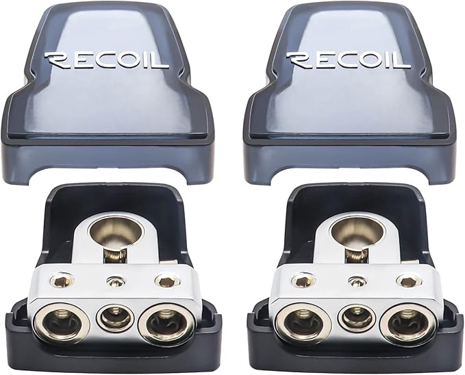 Recoil PBT-S04 2 Pack Premium Solid Brass Positive Negative Battery Terminals Clamps with Two 0/2/4 Gauge Outputs and One 4/8 Gauge Output