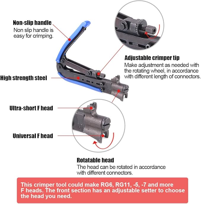 Hilitchi 5 in 1 Coaxial Compression Tool with Instruction Manual Coax Cable Crimper Cable Stripper RG6 RG59 RG11 75-5 75-7 Screwdriver and Micro Cutter with 10 PCS F Compression Connectors Blue RG6