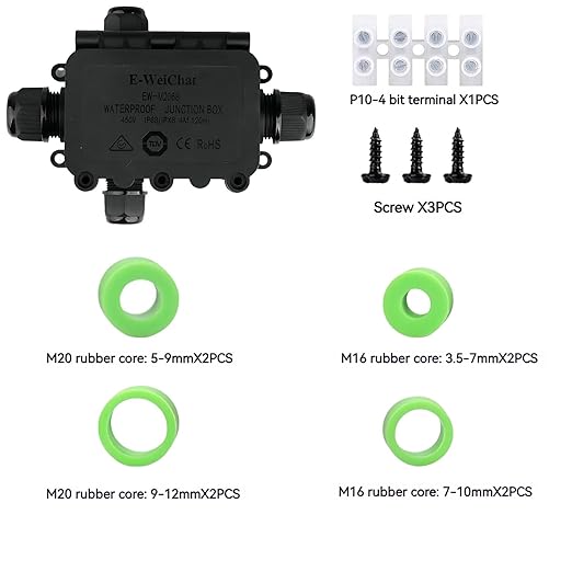 Black PA66 Nylon IP68 4 Way B Waterproof Junction Box, Includes 4 Sets of Waterproof Rubber Plugs, Suitable for Indoor & Outdoor Lighting Fixtures