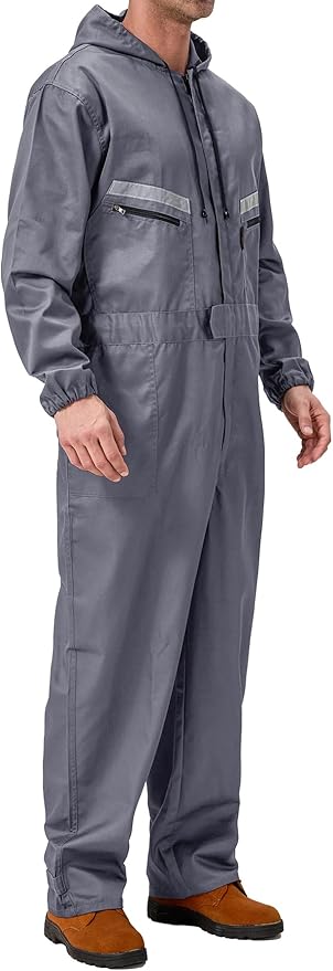 Mens Work Coveralls Mechanic Hooded Overall Workwear Jumpsuits Long Sleeve Hi Viz Coverall with Zippers