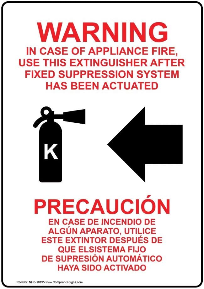 ComplianceSigns.com Warning In Case Of Appliance Fire, Use This Extinguisher (With Left Arrow) English + Spanish Sign, 14x10 in. Aluminum