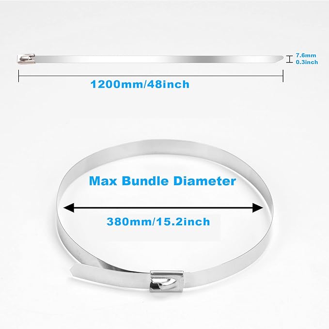 Metal Zip Ties 48 Inch, 500Lb Extra Long Stainless Steel Cable Ties, Heavy Duty Self-Locking Strap Ties, Strength for Exhaust Wrap, Garden Ties, pipes, Outdoor UV Resistant Large Tie Wraps 30 Pcs