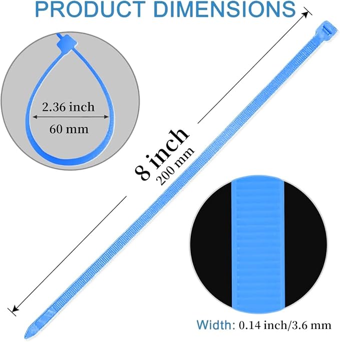 8 inch Zip Ties-0.14" Width, 50 PCS Wire Ties with 40lbs Strength, Self-Locking Nylon Cable Ties, UV Resistant, High/Low Temperature Resistant, for Home, Office, Fencing, and Gardening-Blue