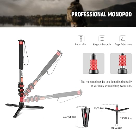 NEEWER 67.7" Camera Monopod Stand, Lightweight Carbon Fiber Travel Tripod with Detachable Base for DSLR Camcorder Video Recording, Telescopic Selfie Stick Trekking Pole, Max Load 13.2lb, TP71