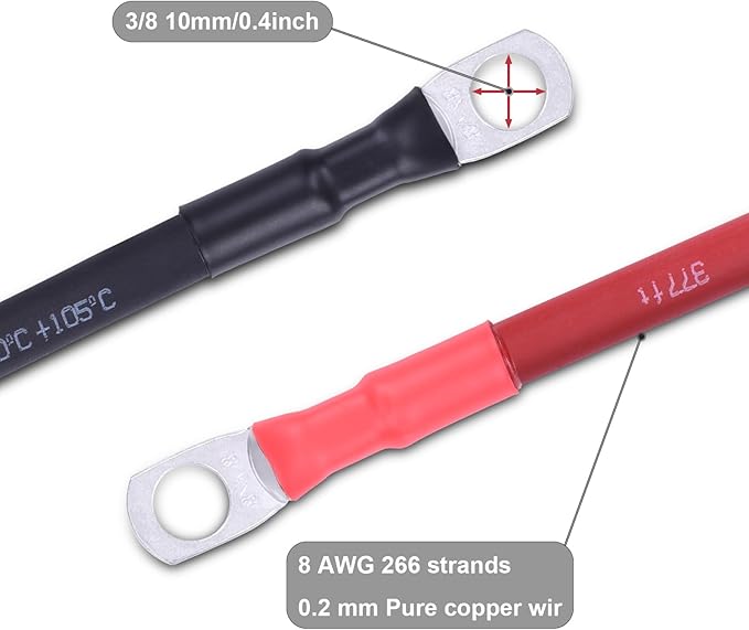 8 AWG Flexible Battery Cable with 3/8" Terminals - OFC Pure Copper Inverter & Welding Wire for Automotive Solar RV Motorcycle (Red + Black 2FT Pair)