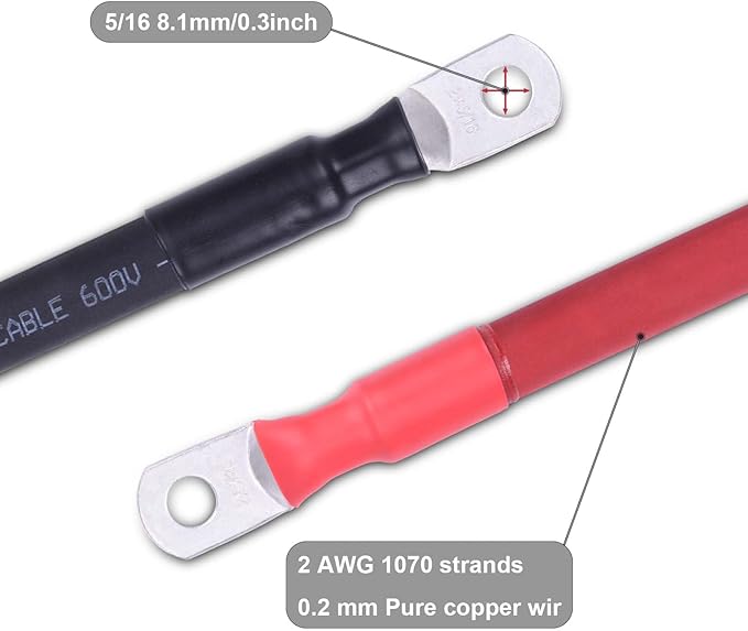 2 AWG Flexible Battery Cable with 5/16" Terminals - OFC Pure Copper Inverter & Welding Wire for Automotive Solar RV Motorcycle (Red + Black 1.5FT Pair)