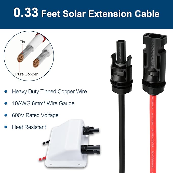 Solar Cable Entry Gland with 0.33Ft 10AWG Solar Extension Cable, UV Resistance, Dual Solar Junction Box with Connectors on RV, Boat, Van, Camper(White)