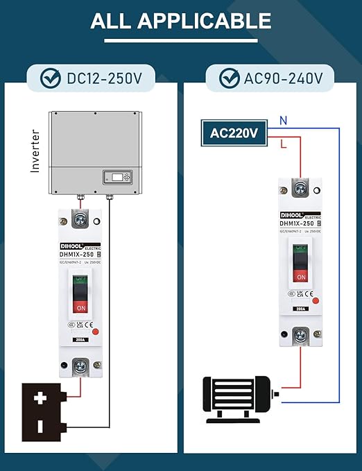 DIHOOL 200 Amp DC Breaker, 240V Battery Disconnect Switch, Thermal Magnetic Trip for Main Power Station Solar System, UPS