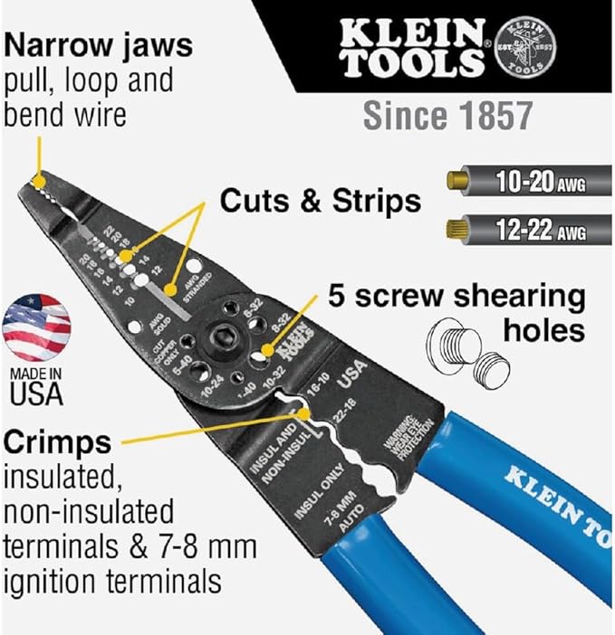 Klein Tools 1010 Multi Tool Long Nose Wire Cutter, Made in USA, Wire Crimper, Stripper and Bolt Cutter Multi-Purpose Electrician Tool, 8-Inch Long