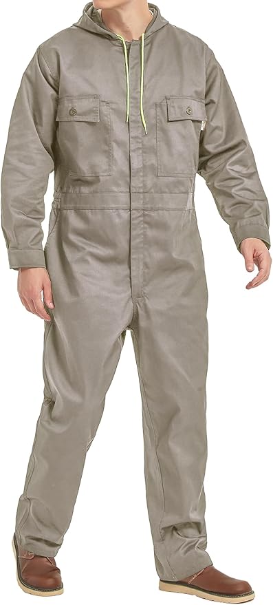 Mens Cotton Blend Long Sleeve Coverall Multi Pockets Zip Overall Mechanic Work Jumpsuit with Hood