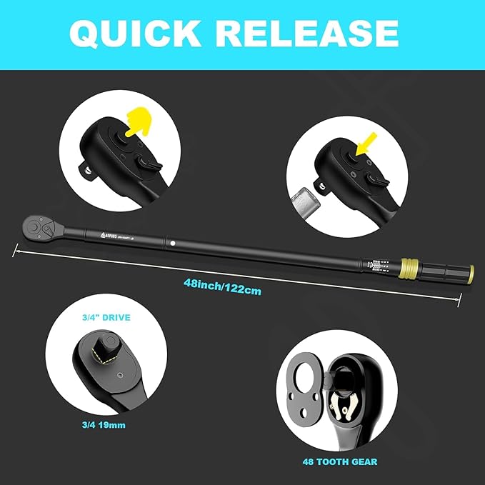 3/4-Inch Drive Click Torque Wrench, 200-1000 Ft-Lb/271-1355 Nm, Dual-Direction Torque Wrench with Quick Release Reversible Head for Car, Truck, Tractor