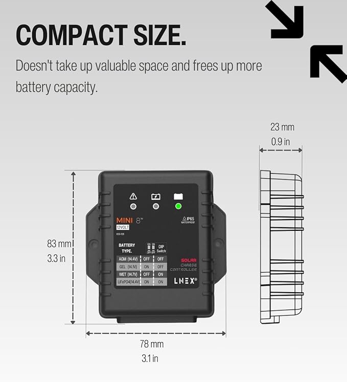 Solar Charge Controller Waterproof 8A, 12V Mini Solar Panel Battery Intelligent Regulator with LED Indicator for LiFePO4,AGM, Gel, Flooded and Lithium Battery