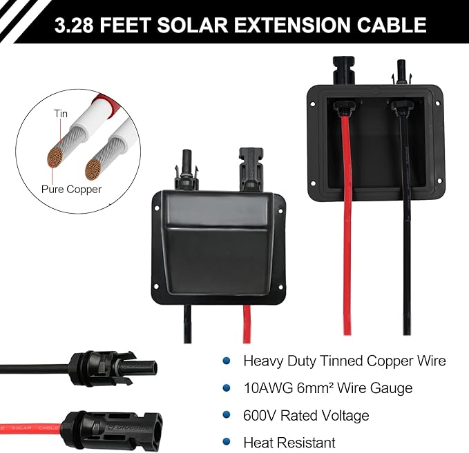 Solar Cable Entry Gland with 10AWG 3.28Ft Solar Extension Cable, UV Resistance, Waterproof Solar Junction Box for RV, Boat, Campe, Van(Black)