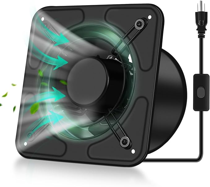 FAREAST 10 Inch Garage Exhaust Fan, Wall Mounted Kitchen Exhaust Fan, Metal Attic Fan with Backdraft Damper, 1250 m³/h Air Volume Vent Fan for Greenhouse, Basement, Window Ventilation (Black)