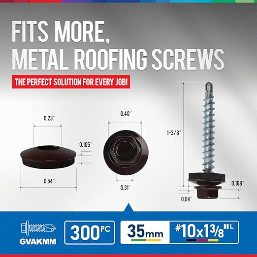 300Pcs #10 x 1-3/8" Brown Metal Roofing Screws, Hex Colored Head Self-Drilling Metal to Wood Siding Fasteners, in Reusable Storage Case, Hex Driver Bit Included
