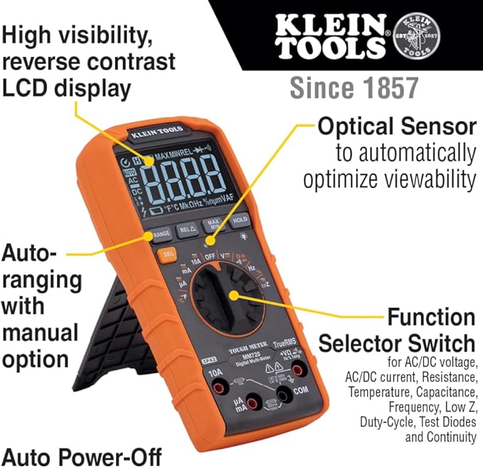 Klein Tools MM720 Digital Multimeter, Auto-Ranging TRMS, Low Impedance (LoZ), 1000V AC/DC Voltage, 10A AC/DC Current, 60 MOhms Resistance