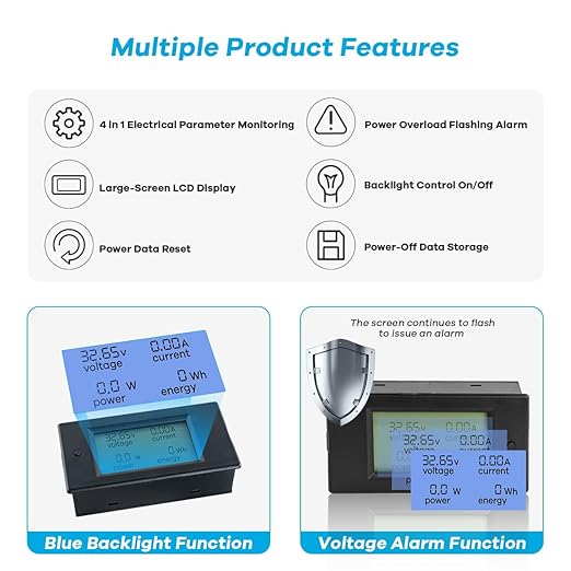 DC 6.5-100V 0-100A LCD Display Digital Power Monitoring Meter Voltage Current Power Energy Meter Ammeter Voltmeter Multimeter with 100A Current Shunt
