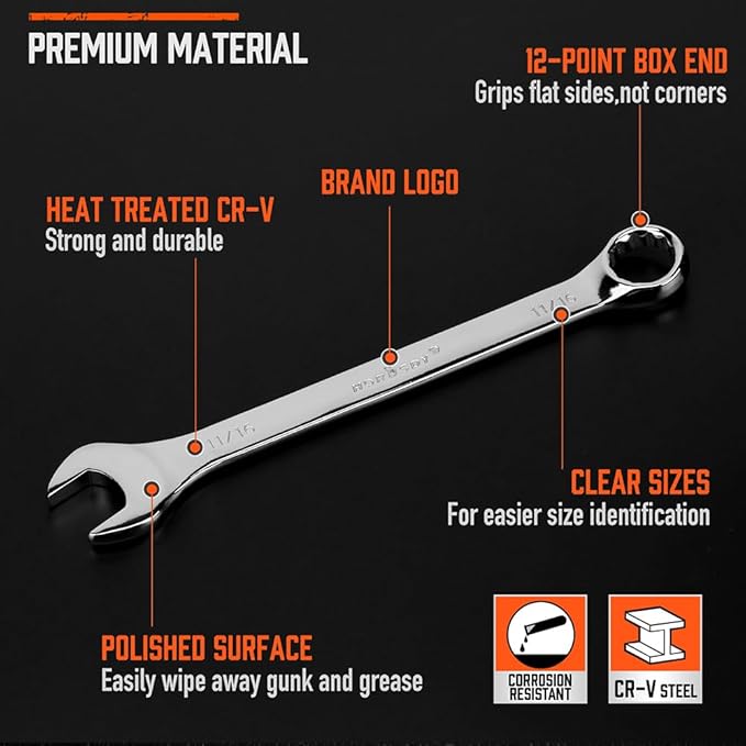 HORUSDY 11-Piece Sae Wrench Set | Combination Wrench Set with Organizer | 12 Point | 1/4" - 3/4" | Chrome Vanadium Steel