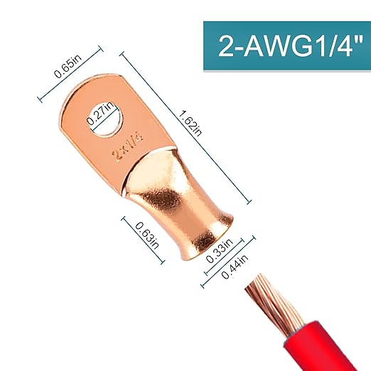 10 PCS Battery Terminal Connectors, Battery Cable Ends Lugs, 2 Gauge Wire Connectors, 2 AWG 1/4" Stud Ring Terminals, Copper Wire Lugs with Heat Shrink Tubing.