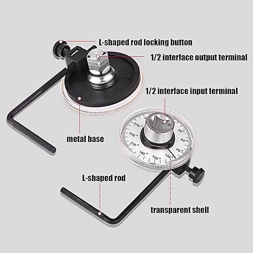 Professional Torque Angle Gauge, 1/2 Inch Drive, 360 Degree Rotation Scale, Mechanical Measurement Tool with Adjustment Handle, for Automotive Applications